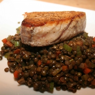 Albacore with Lightly Curried French Lentils