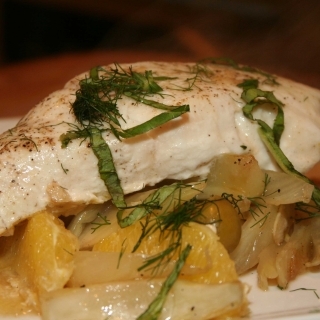 Roasted Halibut with Green Olives, Oranges and Fennel