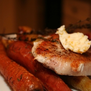 Pork Chops with Roasted Heirloom Carrots and Cranberry Sauce