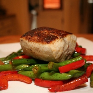 Blackened Yellowtail with Green beans and Red Bell Peppers