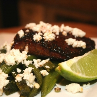 Coffee Rubbed Flank Steak with Roasted Poblano Peppers