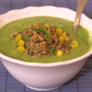 A Light, Chilled Cucumber Soup with Crispy Quinoa Garnish